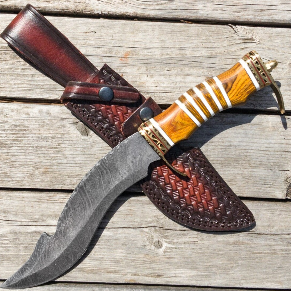 Assured Victory Damascus Steel Kukri Knife  Collectible Hunting Sawback Machete with Leather Sheath