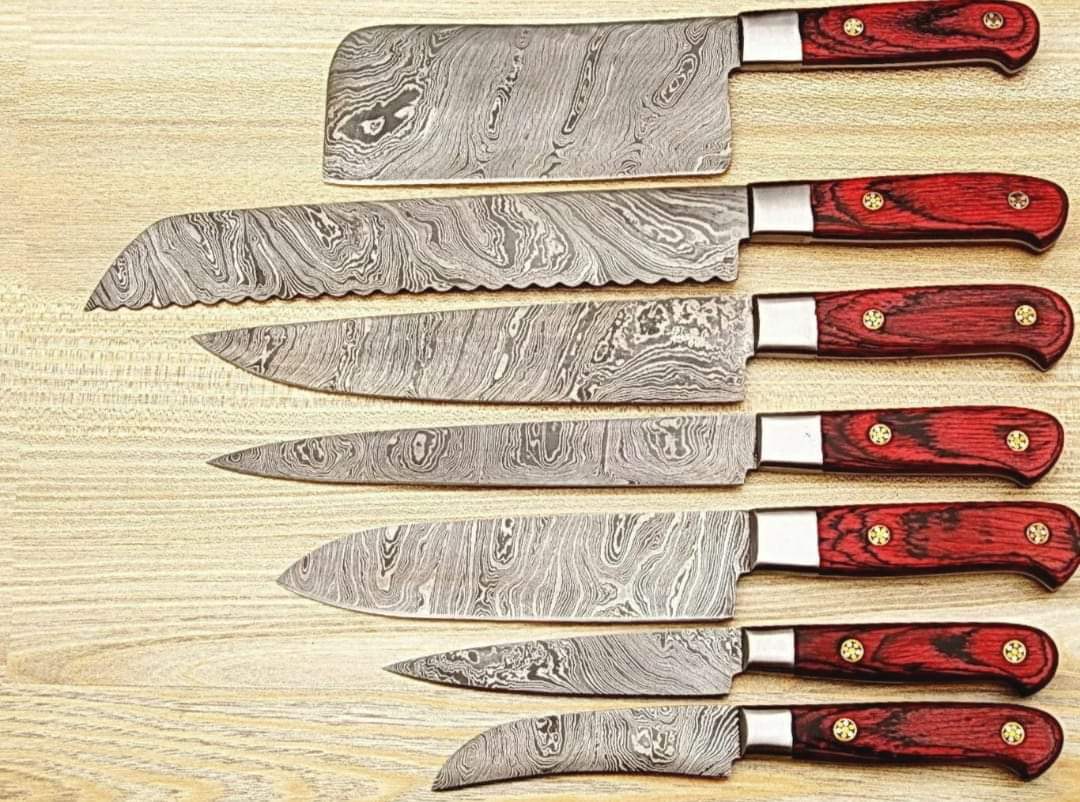 Damascus Chef Set Of 7 Pieces ,Custom Handmade Chef Set , Handmade Damascus Chef Set ,Personalized Gift For Mother ,