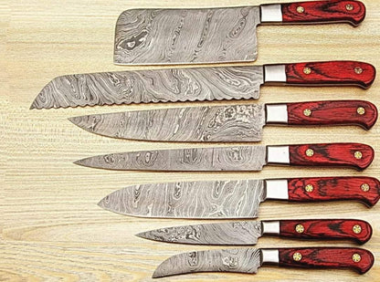 Damascus Chef Set Of 7 Pieces ,Custom Handmade Chef Set , Handmade Damascus Chef Set ,Personalized Gift For Mother ,