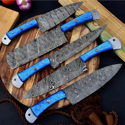 Damascus Chef Set Of 5 Pieces ,Custom Handmade Chef Set , Handmade Damascus Chef Set ,Personalized Gift For Mother ,