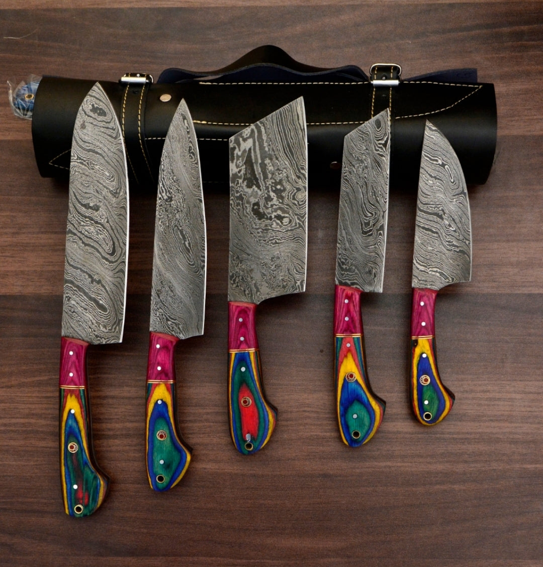 Damascus Chef Set Of 5 Pieces ,Custom Handmade Chef Set , Handmade Damascus Chef Set ,Personalized Gift For Mother ,