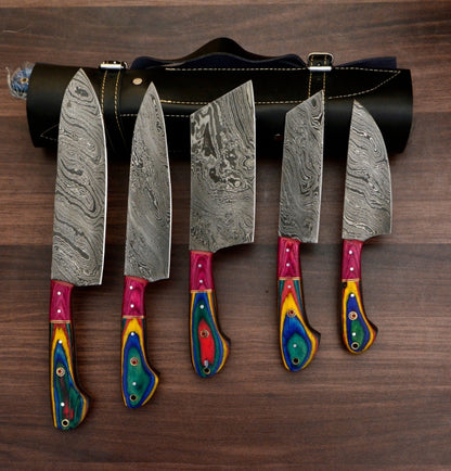 Damascus Chef Set Of 5 Pieces ,Custom Handmade Chef Set , Handmade Damascus Chef Set ,Personalized Gift For Mother ,