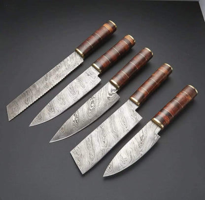 Damascus Chef Set Of 5 Pieces ,Custom Handmade Chef Set , Handmade Damascus Chef Set ,Personalized Gift For Mother ,