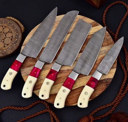 Damascus Chef Set Of 5 Pieces ,Custom Handmade Chef Set , Handmade Damascus Chef Set ,Personalized Gift For Mother ,