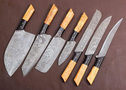 Damascus Chef Set Of 7 Pieces ,Custom Handmade Chef Set , Handmade Damascus Chef Set ,Personalized Gift For Mother