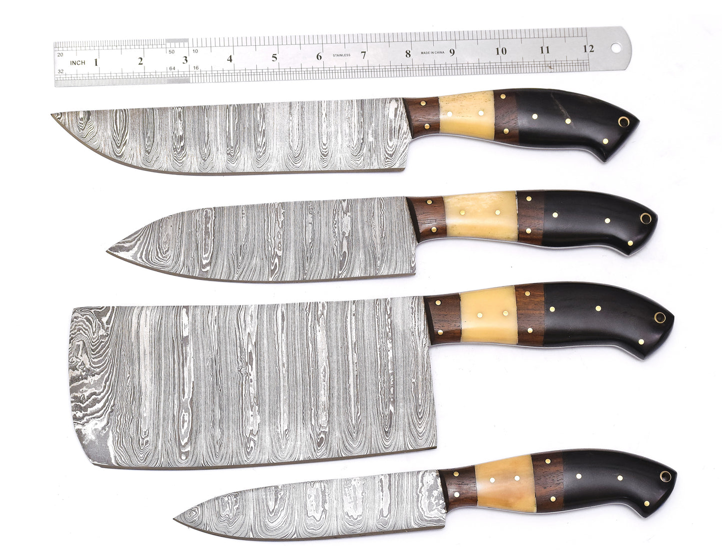 Custom Handmade Damascus Chef Set of 4 Pieces