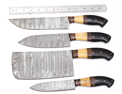 Custom Handmade Damascus Chef Set of 4 Pieces