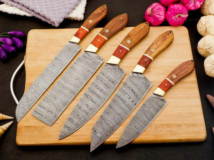 Damascus Chef Set Of 5 Pieces ,Custom Handmade Chef Set , Handmade Damascus Chef Set ,Personalized Gift For Mother