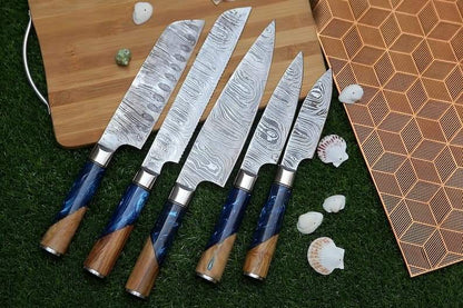 Damascus Chef Set Of 5 Pieces ,Custom Handmade Chef Set , Handmade Damascus Chef Set ,Personalized Gift For Mother ,