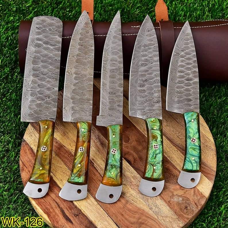 Carbon steel Chef Set Of 5 Pieces ,Custom Handmade Chef Set , Handmade Damascus Chef Set