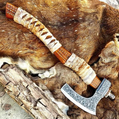 Hand engraved, viking axe, with rose wood, engraved cutting axe, anniversary gifts for her, gifts for him, camping axes