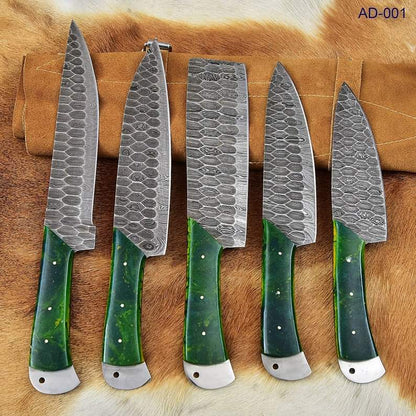 Carbon steel Chef Set Of 5 Pieces ,Custom Handmade Chef Set , Handmade Damascus Chef Set ,Personalized Gift For Mother ,