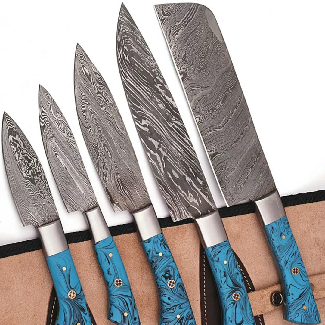Handmade Damascus Steel Chef Knife Set with Epoxy Resin Handles - 5-Piece Kitchen Set