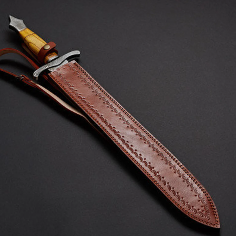 Handmade Damascus Steel Hunting Sword With Leather Sheath