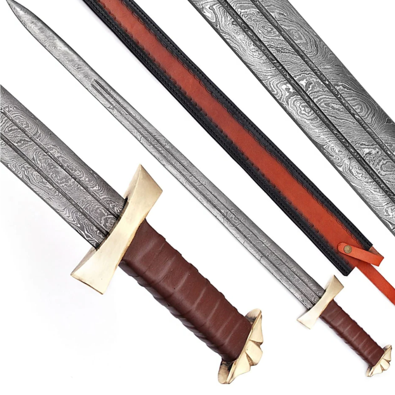 Damascus Sword, Viking Battle Ready Sword Hunting, Damascus sword Edegs Double with Sheath