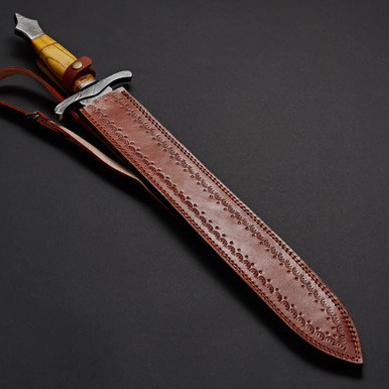 Handmade Damascus Steel Hunting Sword With Leather Shepng