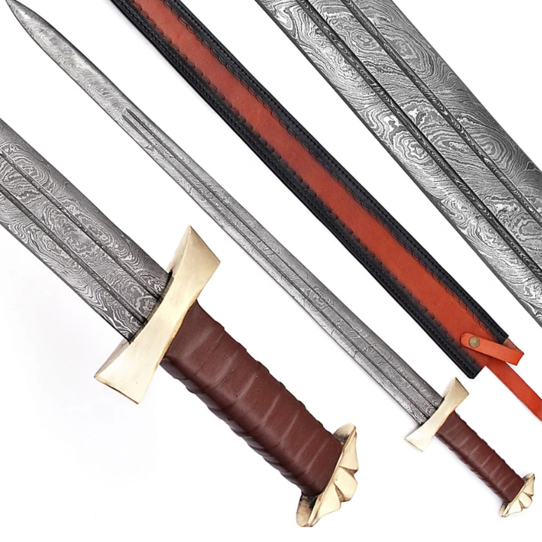Damascus Sword, Viking Battle Ready Sword Hunting, Damascus Sword Double Edge with sheath