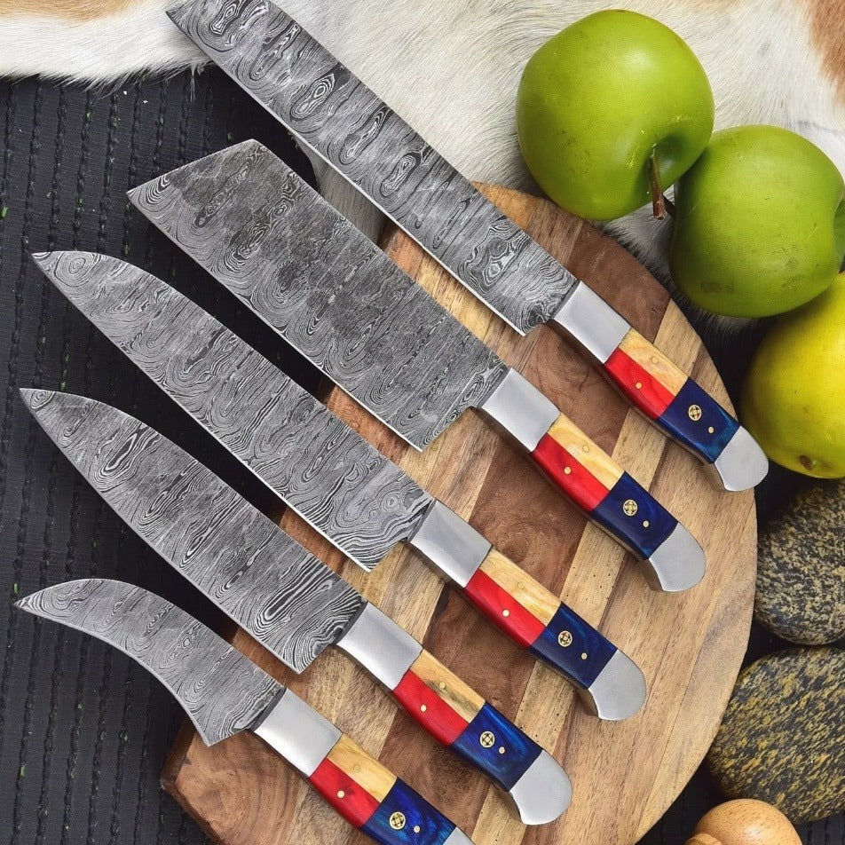 Handmade Damascus Chef Knife Set Of 5 Pcs With leather Sheath Father's Day Gift Groomsmen Gift BBQ