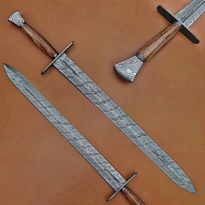 Damascus steel SWORD, Handle NORMAN SWORD, With Leather Sheath 34" Custom Forged