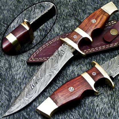 Antique Bowie Knife, Hand Forged Damascus Steel, 12.0" Hunting Knife with Wood Handle