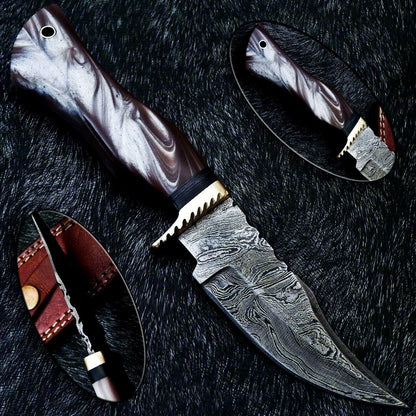 Hand Forged Damascus Full Tang Bowie Hunting Knife For Camping With Sheath