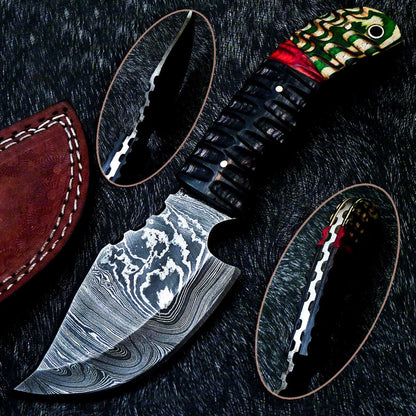Skinning Damascus full tang bowie hunting knife Blade with Leather sheath