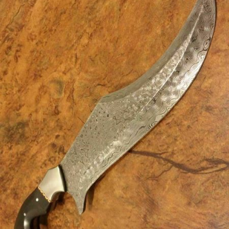 10 Inches Handmade Damascus Steel Tactical Punisher Bowie with Bull Horn Handle and Brass Ring