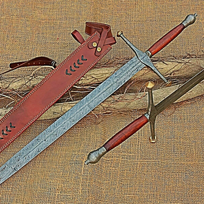 33 Inch Combat Sword Damascus Steel Viking Sword with Leather Sheath