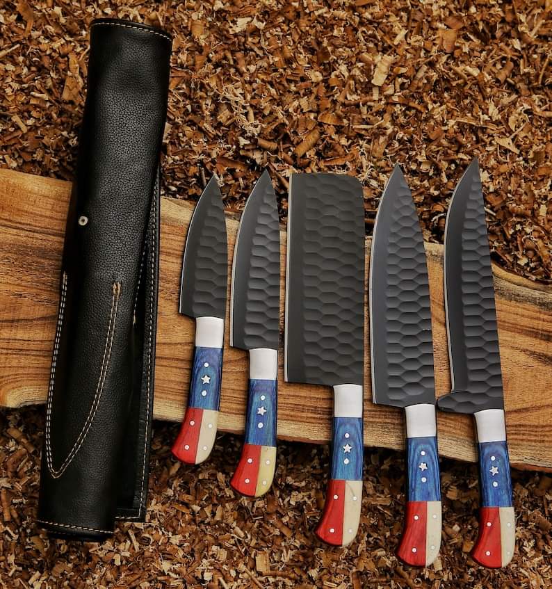 Carbon-steel-Chef-knives, Of 5Pieces, Custom Handmade, Handmade Chef knives Set ,Personalized Gift For Mother