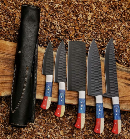 Carbon-steel-Chef-knives, Of 5Pieces, Custom Handmade, Handmade Chef knives Set ,Personalized Gift For Mother