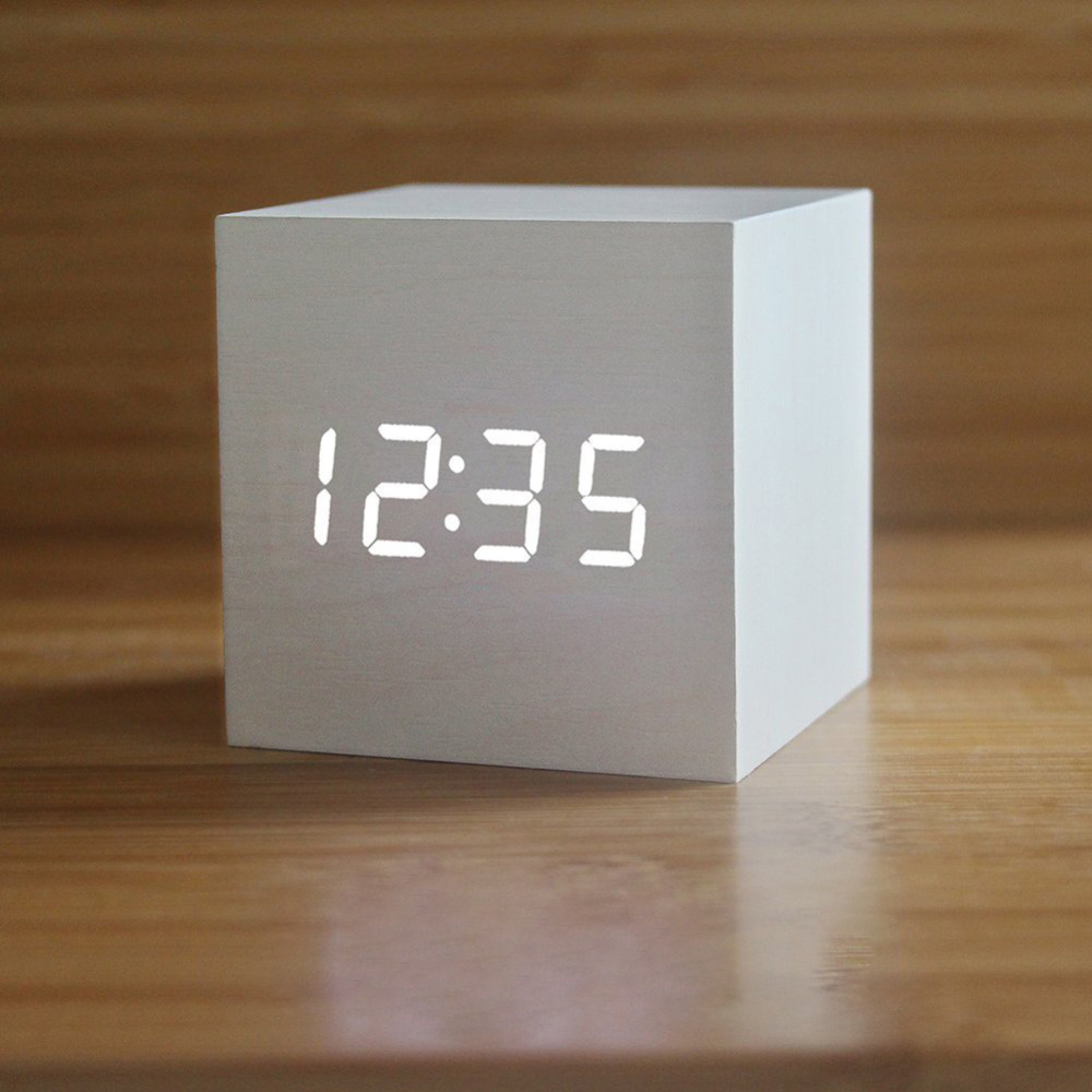 Elegant wooden desk clock with temperature display