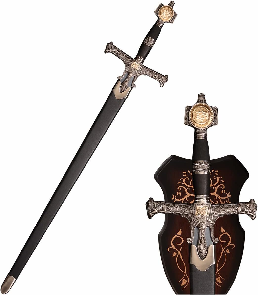 Medieval King Solomon Sword | Full Metal Carbon Steel Knights Sword with Black & Silver Finish, Display Board
