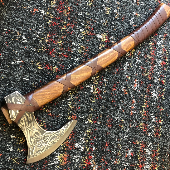 Customizable Damascus Axe | Hand-Forged Steel Axe with Wooden Handle & Leather Sheath
