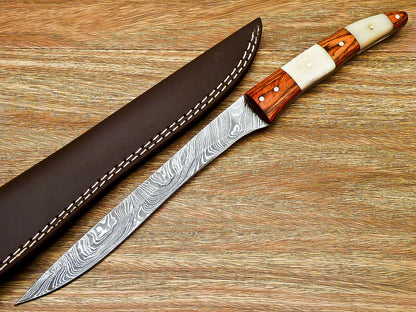 Custom Handmade Damascus Steel Blade Fillet Knife Camel Bone Handle,