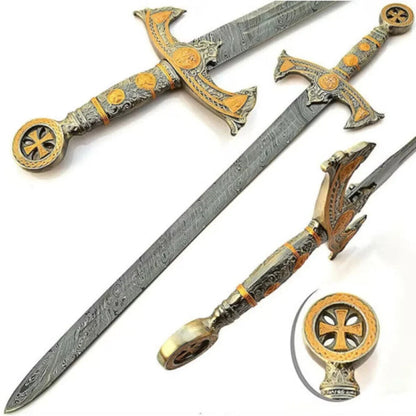 CUSTOM HANDMADE FORGED DAMASCUS STEEL VIKING SWORD WITH WOOD & BRASS HANDLE WITH SHEATH