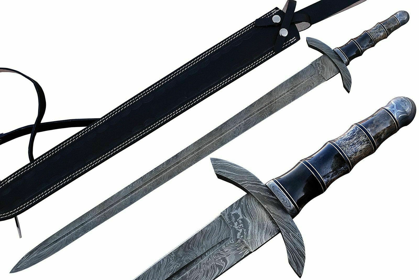 BEAUTIFUL CUSTOM HANDMADE 30 inches DAMASCUS STEEL HUNTING SWORD WITH SHEATH
