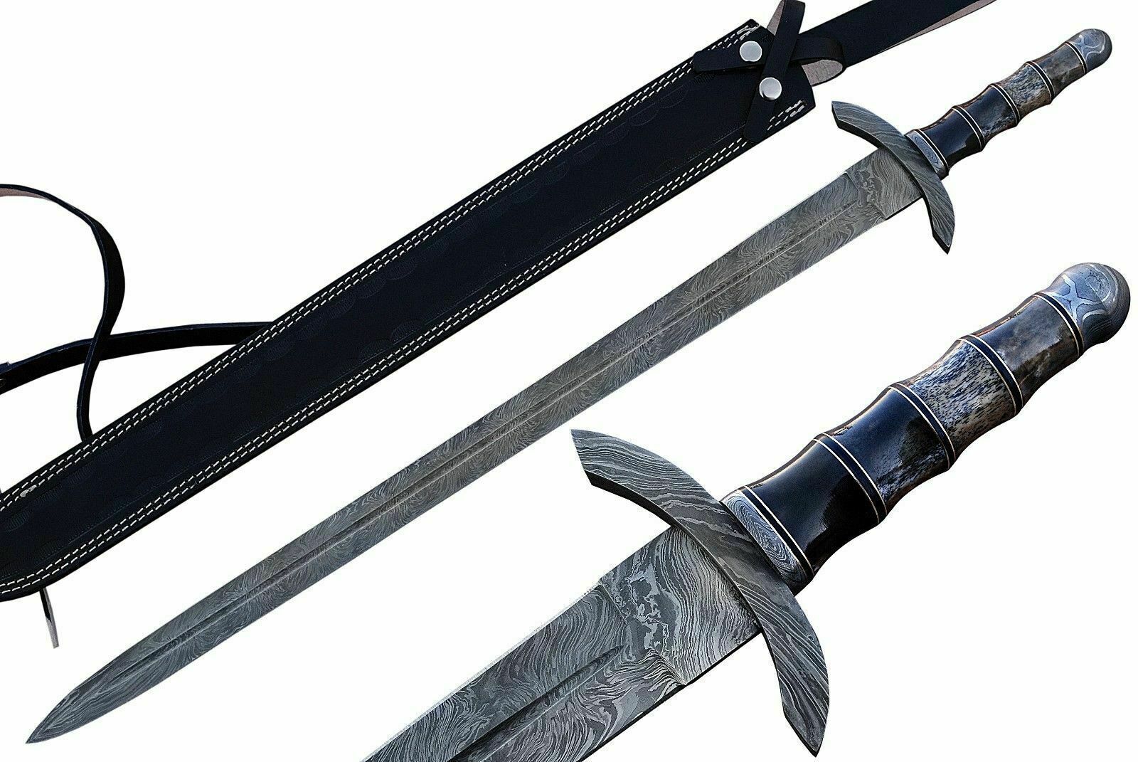 BEAUTIFUL CUSTOM HANDMADE 30 inches DAMASCUS STEEL HUNTING SWORD WITH SHEATH