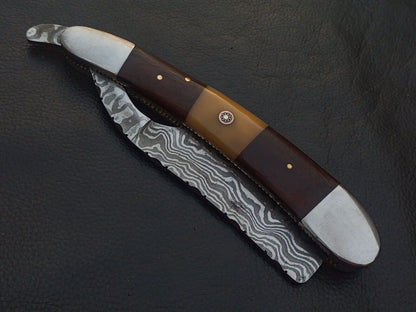 DAMASCUS STEEL CUSTOM MADE RAZOR KNIFE WOOD HANDLE W/SHEATH