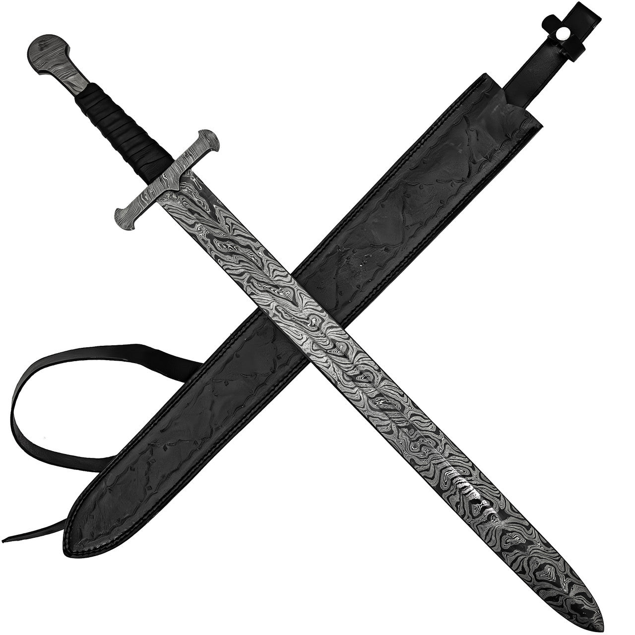 Hand Forged Damascus Steel Templar Sword Devoted Guidance Medieval Inspired Full Tang With Leather Sheath