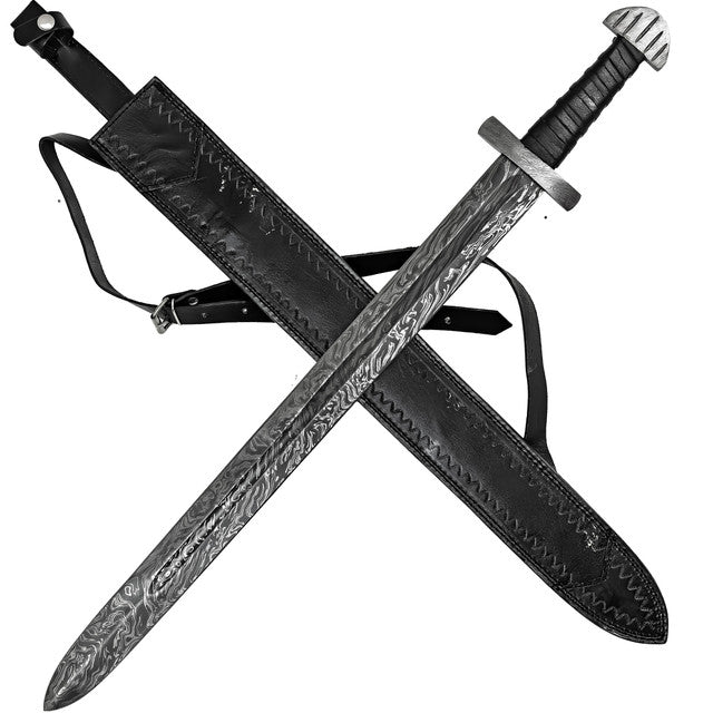 Arbitrary Provocation Hand Forged Firestorm Damascus Steel Medieval Costume Cosplay Sword w/Black Genuine Leather Sheath