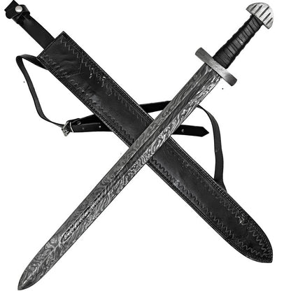 Arbitrary Provocation Hand Forged Firestorm Damascus Steel Medieval Costume Cosplay Sword w/Black Genuine Leather Sheath