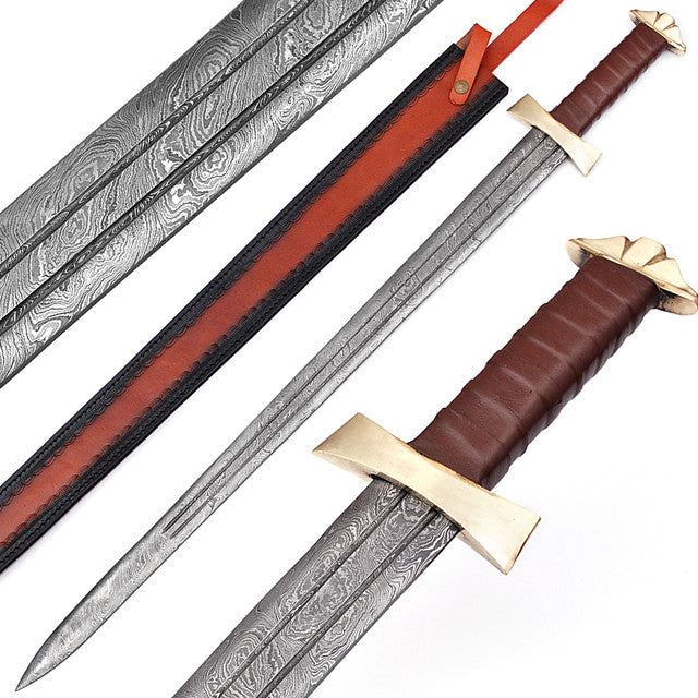 Handmade Damascus Steel Viking Warrior Sword With Leather Sheath