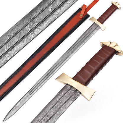 Handmade Damascus Steel Viking Warrior Sword With Leather Sheath