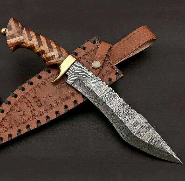 CUSTOM HAND FORGED DAMASCUS ALAMO MUSOO BOWIE KNIFE MOSAIC BONE WITH SHEATH