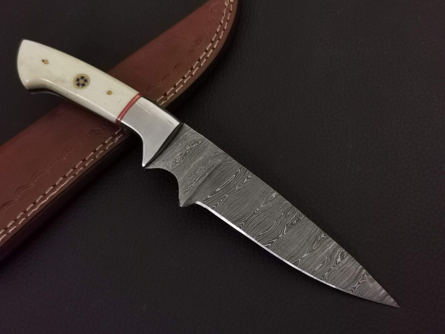 9" CUSTOM HAND MADE DAMASCUS STEEL SKINNER KNIFE CAMEL BONE HANDLE W/SHEATH