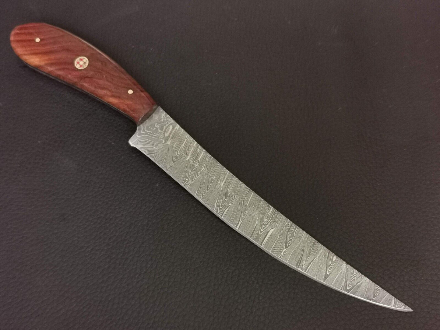 11" CUSTOM HAND MADE DAMASCUS STEEL HUNTING KNIFE ROSEWOOD HANDL W/SHEATH