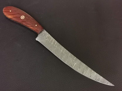 11" CUSTOM HAND MADE DAMASCUS STEEL HUNTING KNIFE ROSEWOOD HANDL W/SHEATH