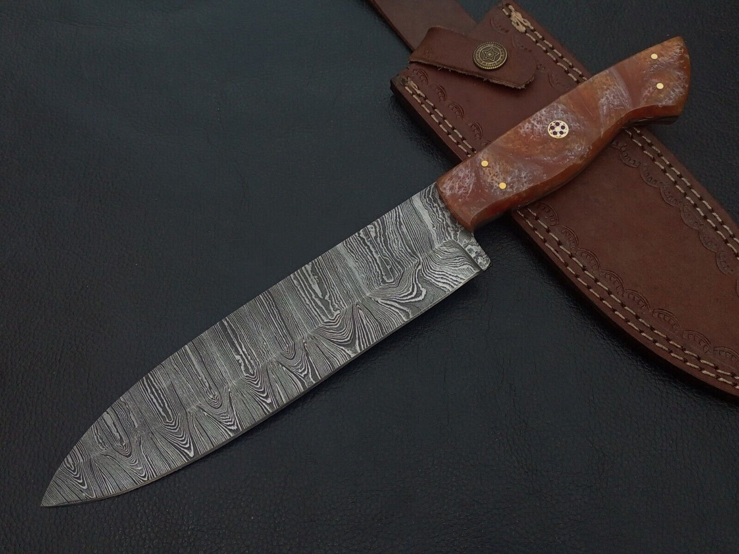 12" CUSTOM HAND MADE DAMASCUS STEEL HUNTING KNIFE RESIN HANDLE W/SHEATH