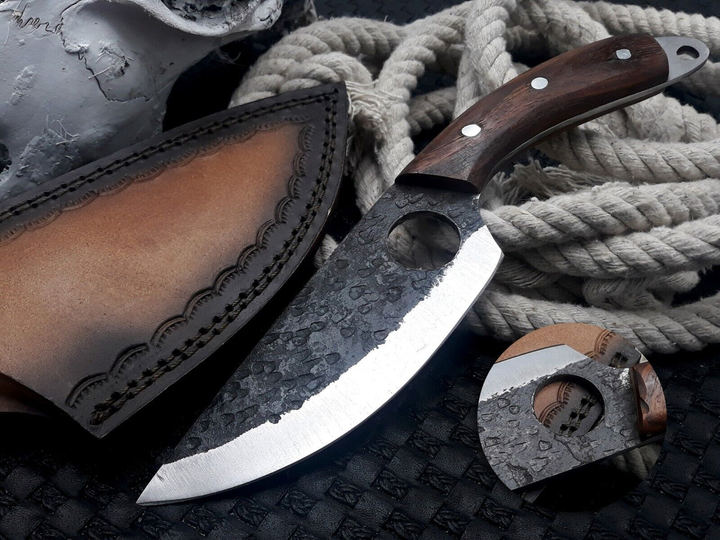 Custom Damascus Skinning Knife Hand Forged Handmade Kitchen Chef Knife Sheath