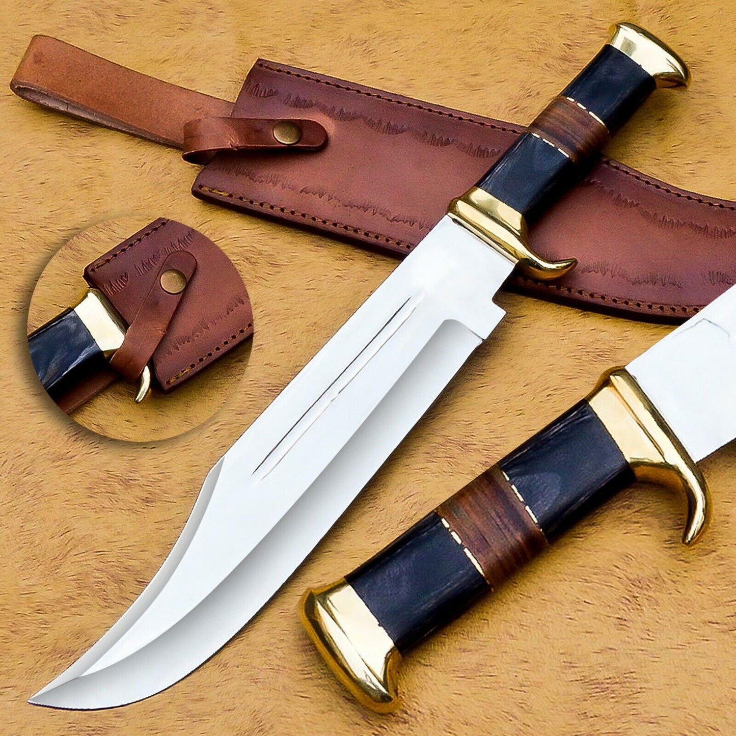 BEAUTIFUL HANDMADE D2 STEEL HUNTING/BOWIE/DAGGER KNIFE WITH LEATHER/PAKKA WOOD